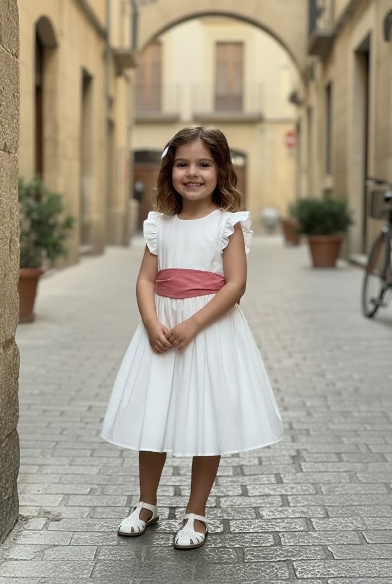 Abito da cerimonia in cotone con fiocco rosa 6235/F BI CROCHETTE 