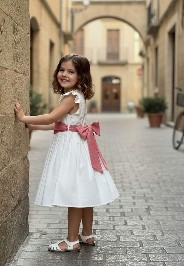 Abito da cerimonia in cotone con fiocco rosa 6235/F BI CROCHETTE 