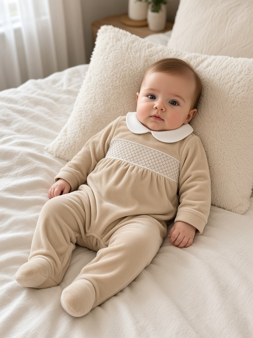 Tutina in ciniglia beige con punto smock 217 BS Jogus 