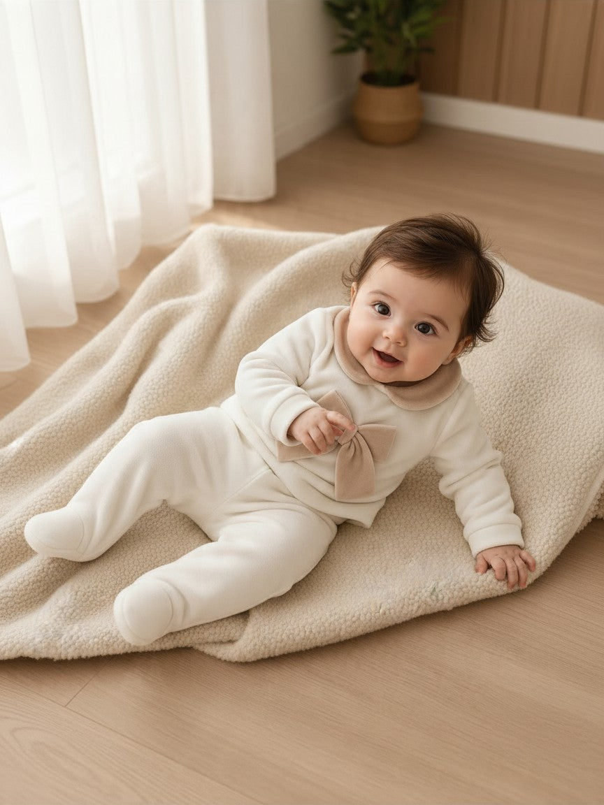 Completo due pezzi in ciniglia con fiocco beige 218/C BBS Jogus 