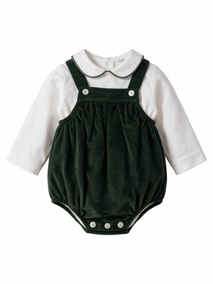 Salopette in velluto verde con camicia body<BR/><BR/> 231 VE Jogus 