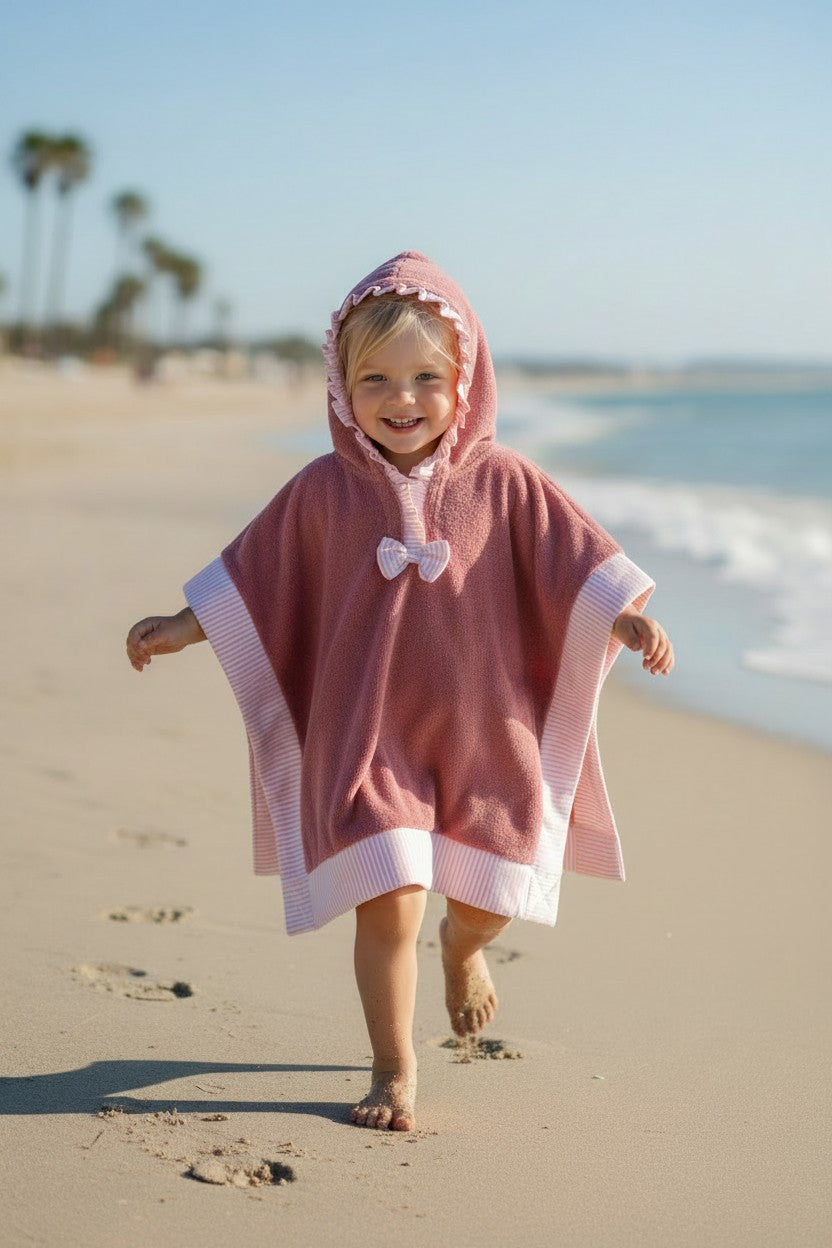 Poncho mare in spugna rosa antico con profili a righe LAMPEDUSA 91/121 Mantì 