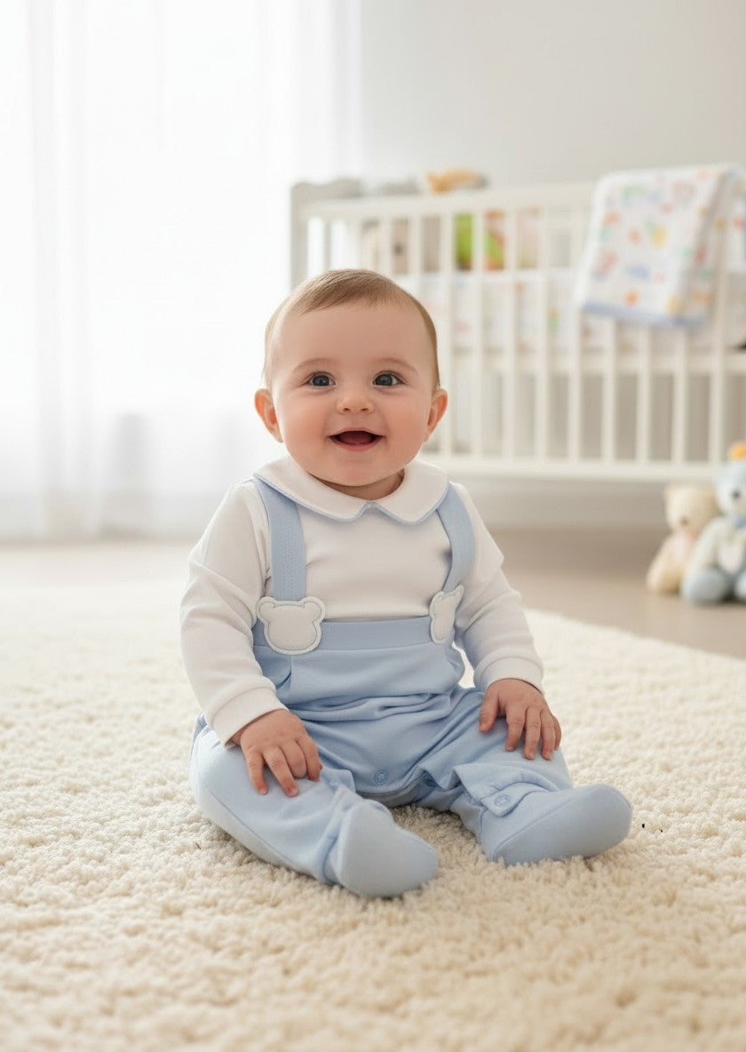 Tutina in cotone e misto lino con effetto salopette e orsetti<BR/> TU8891 BC Teto e Tatta 