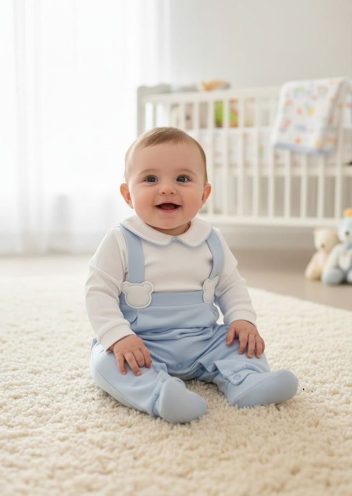 Tutina in cotone e misto lino con effetto salopette e orsetti<BR/> TU8891 BC Teto e Tatta 