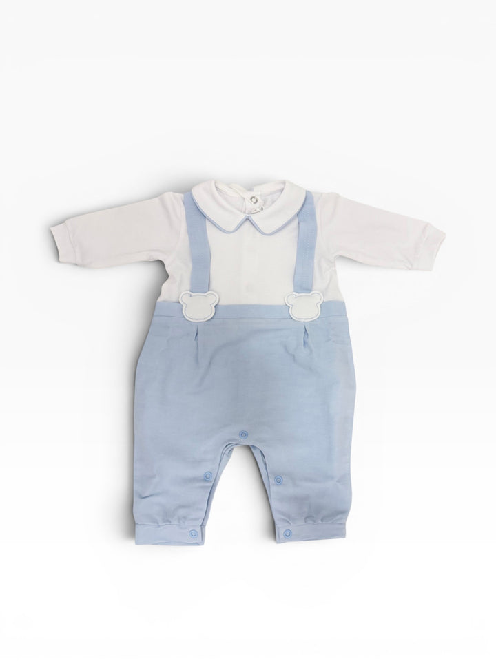 Tutina in cotone e misto lino con effetto salopette e orsetti<BR/> TU8891 BC Teto e Tatta 