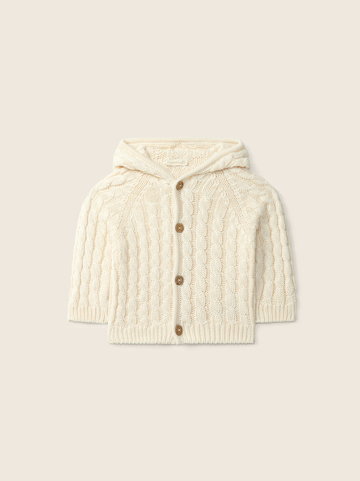 Cardigan in filo con cappuccio e trecce beige 09308A 04 WEDOBLE 
