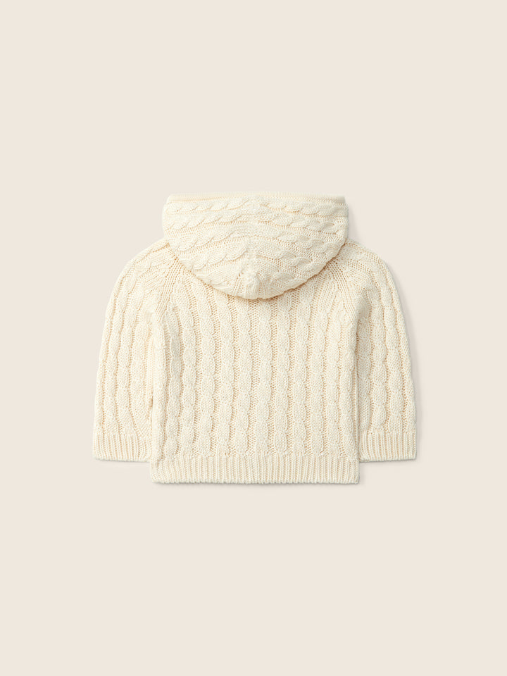 Cardigan in filo con cappuccio e trecce beige 09308A 04 WEDOBLE 