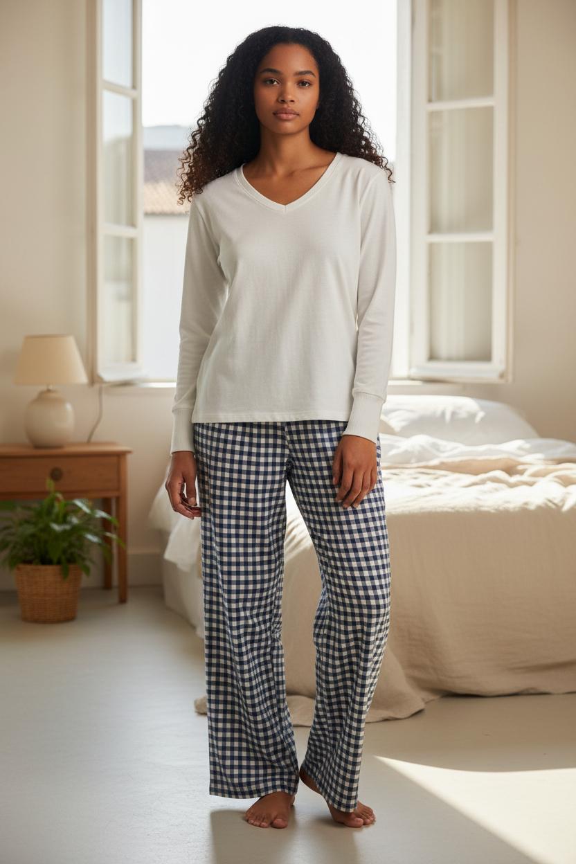 Pigiama donna in caldo cotone con pantalone a quadretti vichy 6225T00D 076 Sottocoperta R. 