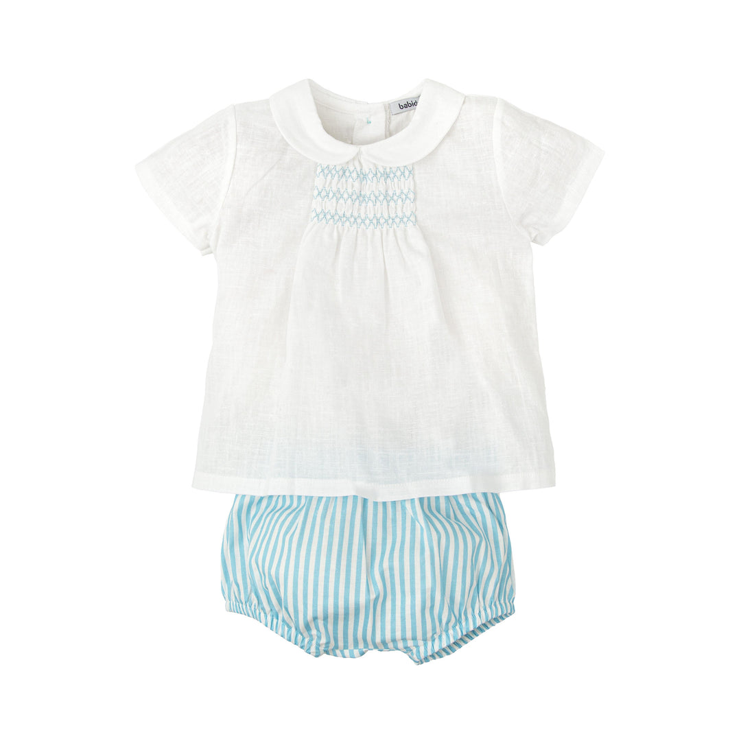 Completo bianco con ricamo smock e righe azzurre 42421 BV BABIDU 
