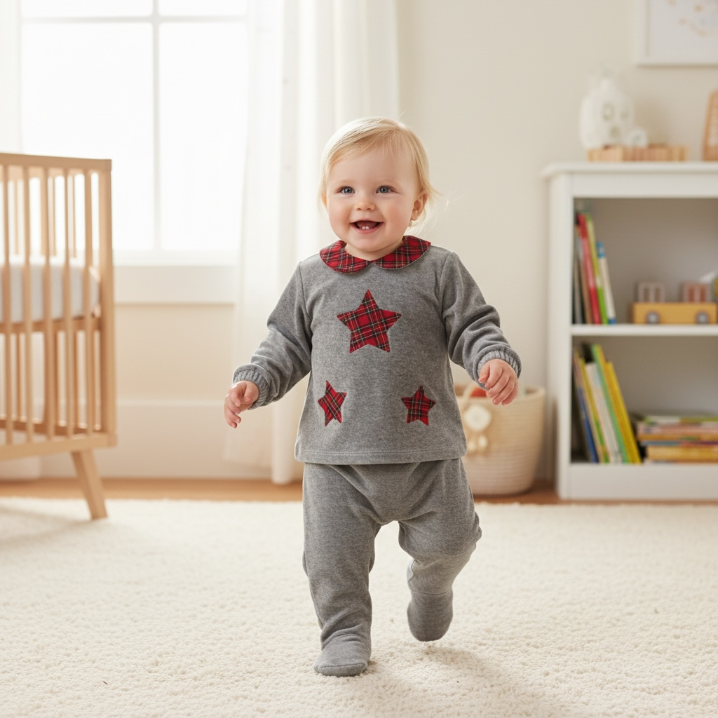 Completo due pezzi in ciniglia Grigia con stelle tartan 9076 GR PERDIPIU 