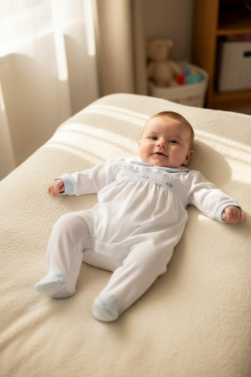 Tutina in cotone ricamata a mano con dettagli celesti TU8750 BC Teto e Tatta 