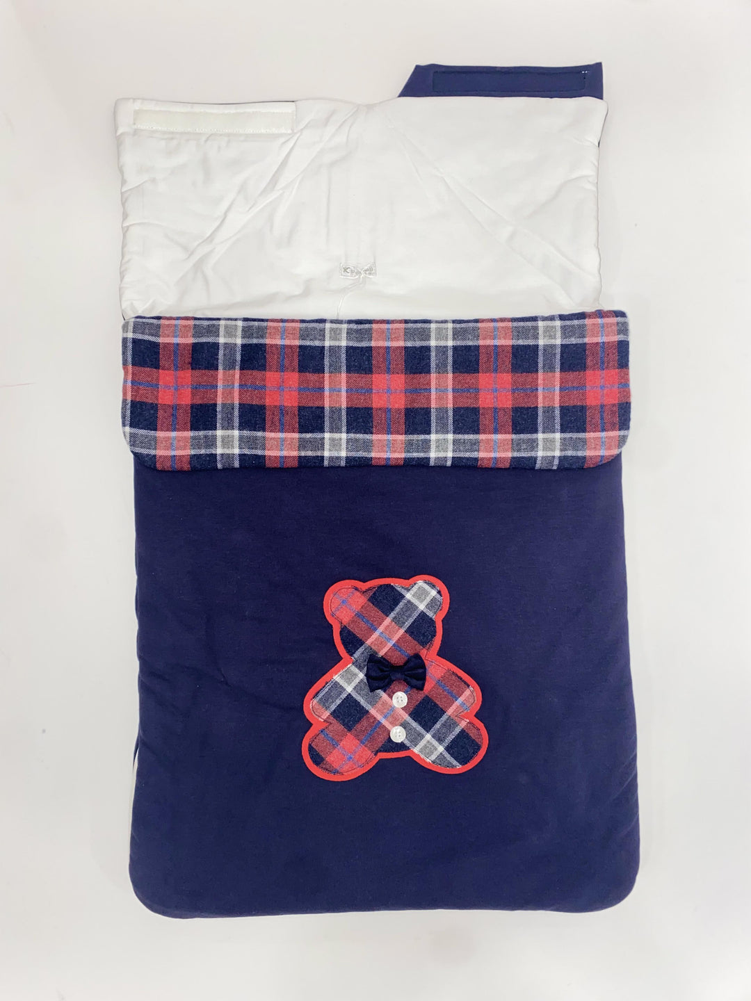 Sacco nanna imbottito blu navy con cappuccio e dettagli tartan 8555 BLR PERDIPIU 