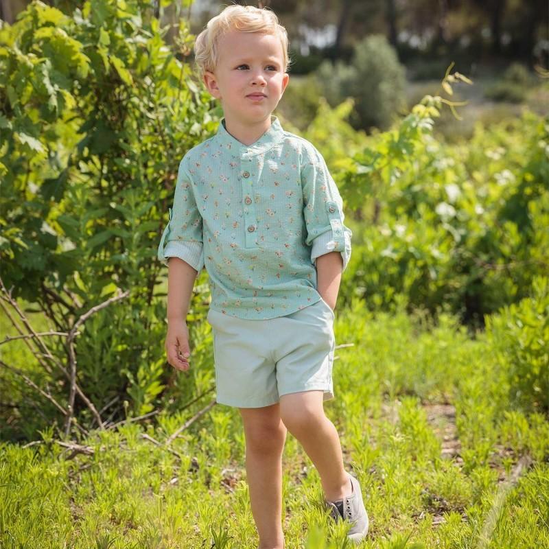 Completo bambino con camicia microfantasia con scollo alla coreana e pantaloncini 42474 VE BABIDU 