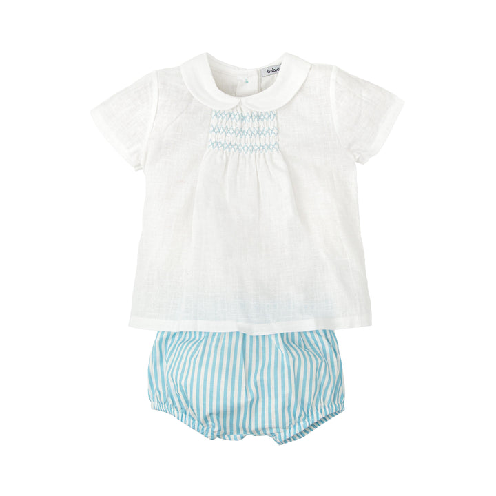 Completo bianco con ricamo smock e righe azzurre 42421 BV BABIDU 