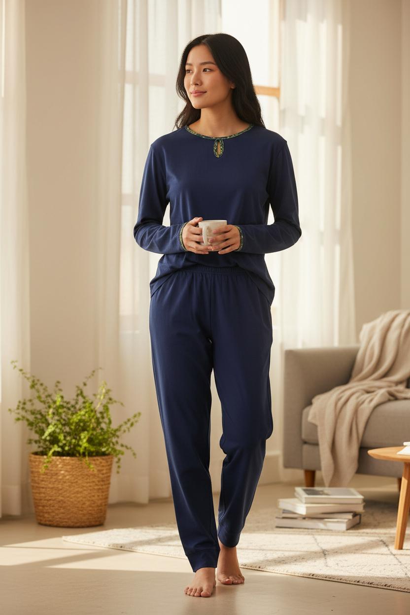 Pigiama donna in caldo cotone con dettagli verdi 3223 BL Sisters 