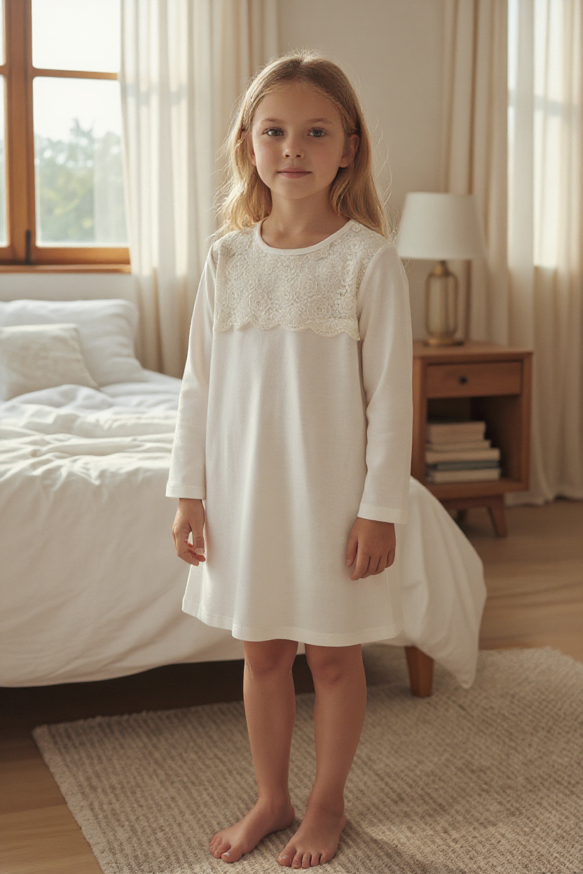 Camicia da notte in caldo cotone con carrè in pizzo SI16 6332A00 06# SOTTOCOPERTA 