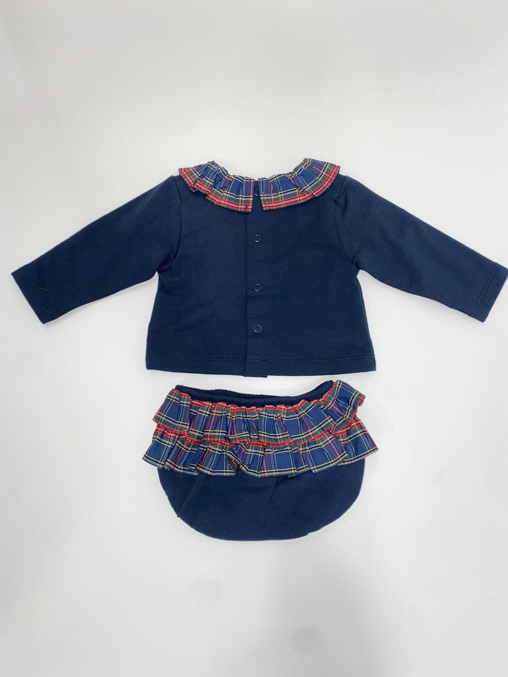 Completo in cotone felpato con balze e dettagli tartan 41490 BL BABIDU 