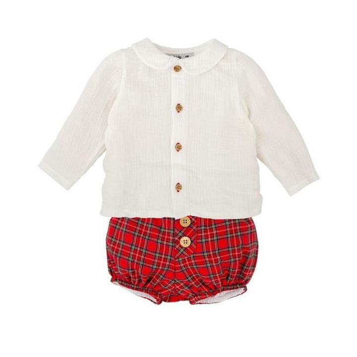Completo con camicia in mussola e pantaloncino scozzese 40659 RS BABIDU 