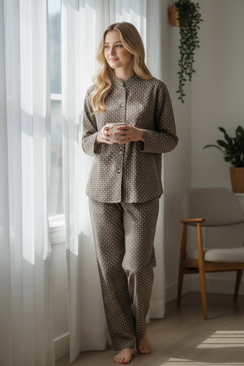 Pigiama donna modello camicia con micro-fantasia in caldo cotone 424202 GR Sisters 