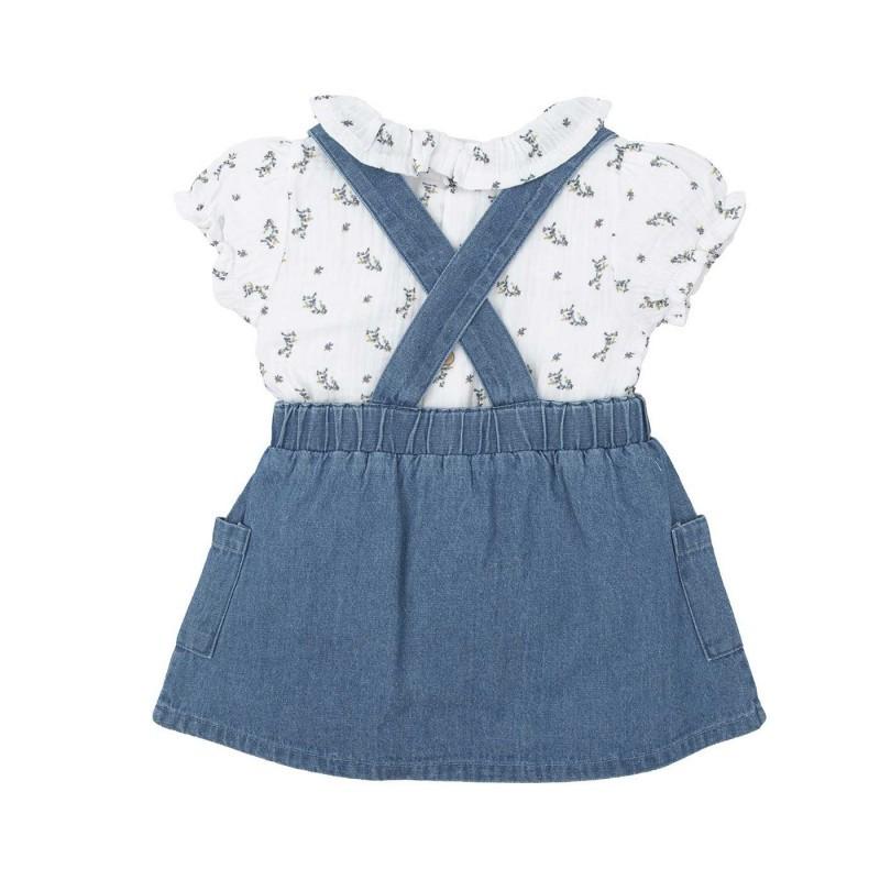Completo bambina, con salopette in jeans con gonnellina e camicina a fantasia. <BR/> 42477 JE BABIDU 
