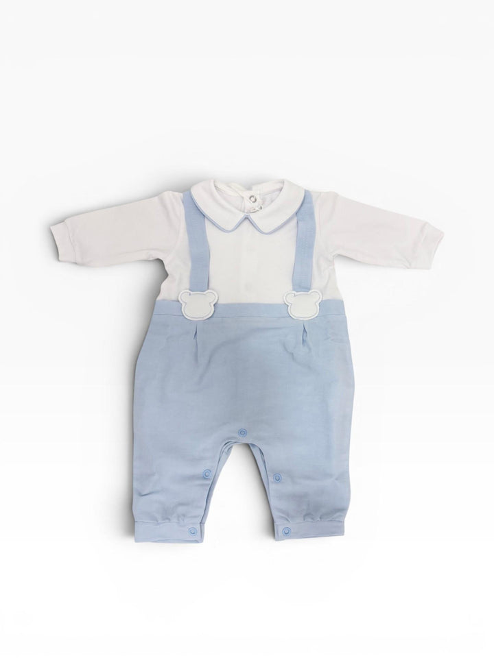 Tutina in cotone e misto lino con effetto salopette e orsetti<BR/> TU8891 BC Teto e Tatta 