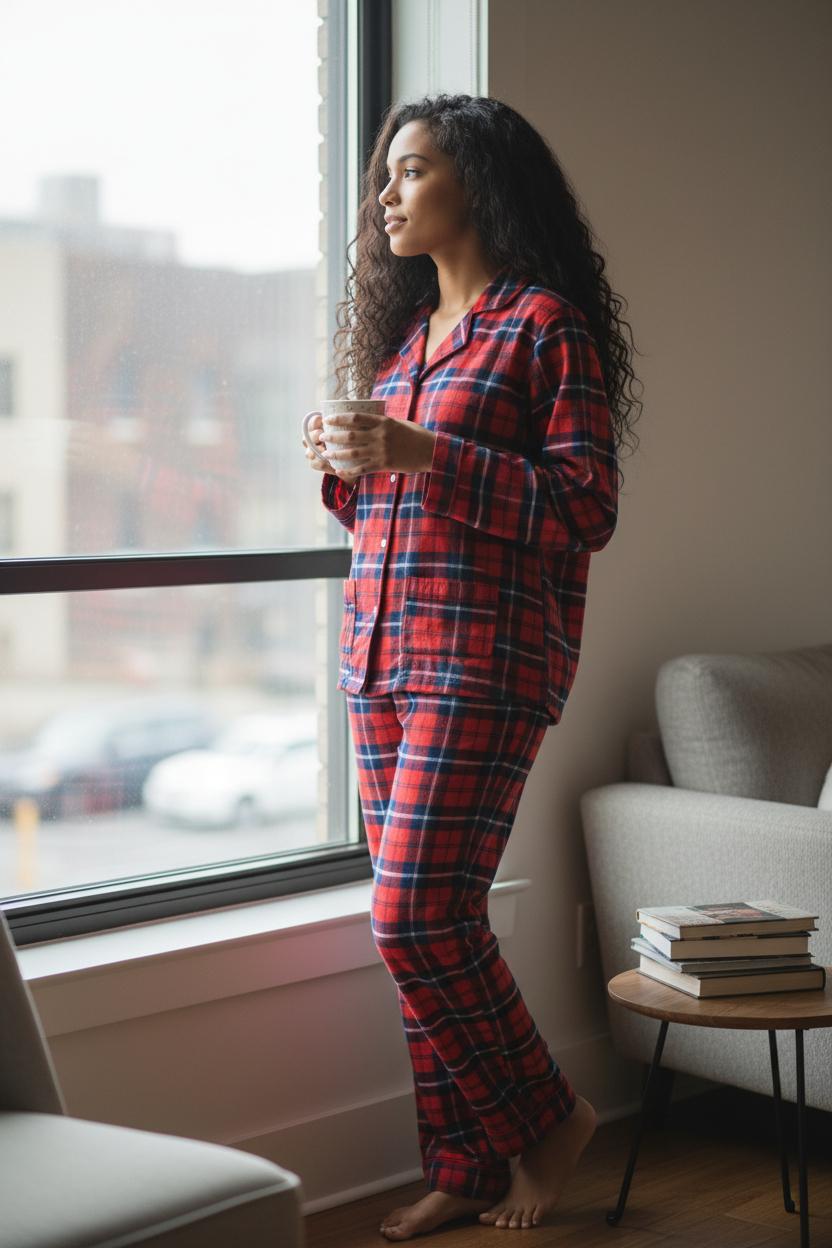 Pigiama donna lungo in flanella a quadri blu e rosso LUCY DF/02 694 GOLD 