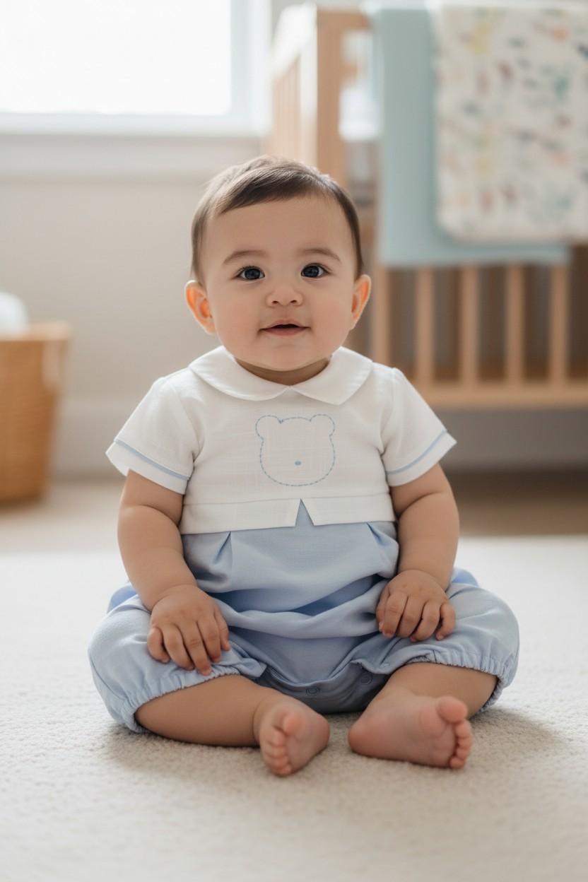 Pagliaccetto in misto lino con ricamo orsetto PA8890 BC Teto e Tatta 