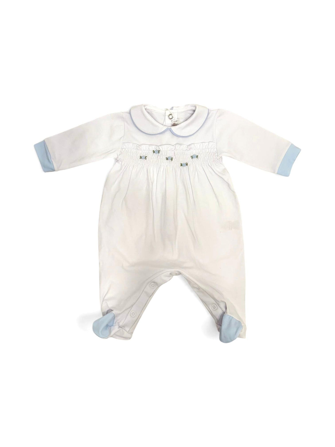 Tutina in cotone ricamata a mano con dettagli celesti TU8750 BC Teto e Tatta 