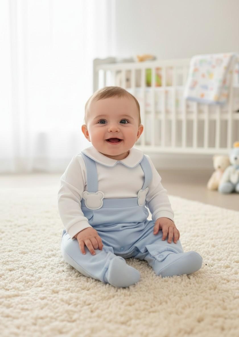 Tutina in cotone e misto lino con effetto salopette e orsetti<BR/> TU8891 BC Teto e Tatta 