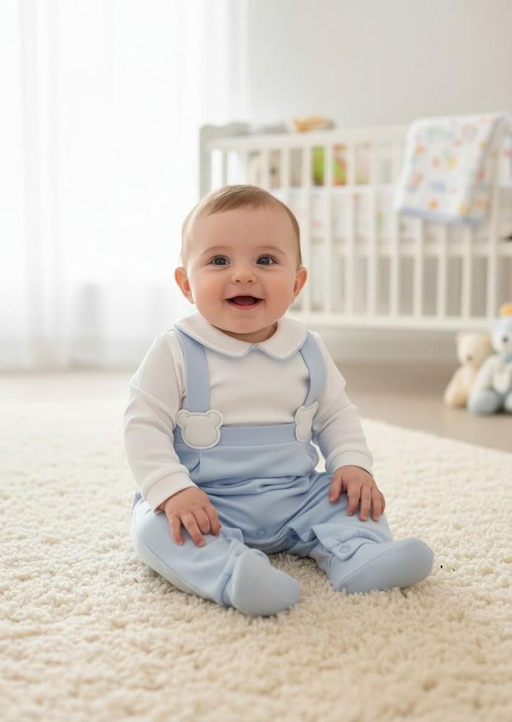Tutina in cotone e misto lino con effetto salopette e orsetti<BR/> TU8891 BC Teto e Tatta 