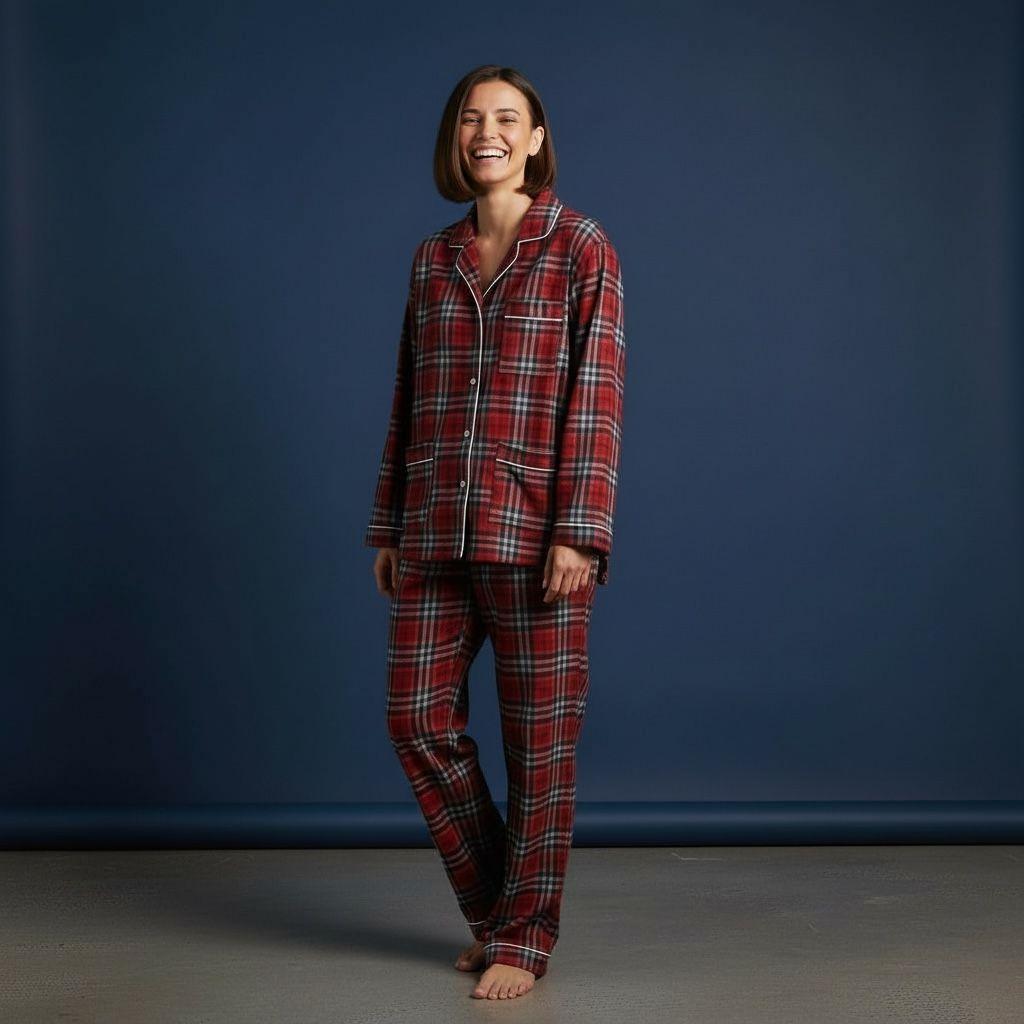Pigiama donna lungo in flanella scozzese scarlatto LUCY DLF 650 GOLD 