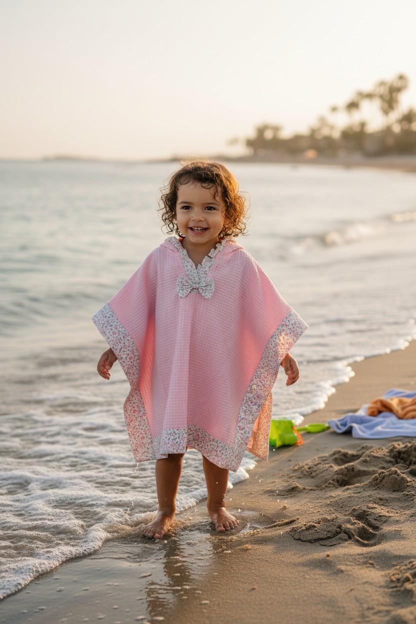 Poncho in nido d'ape rosa con profili floreali LAMPEDUSA 62/10 Mantì 
