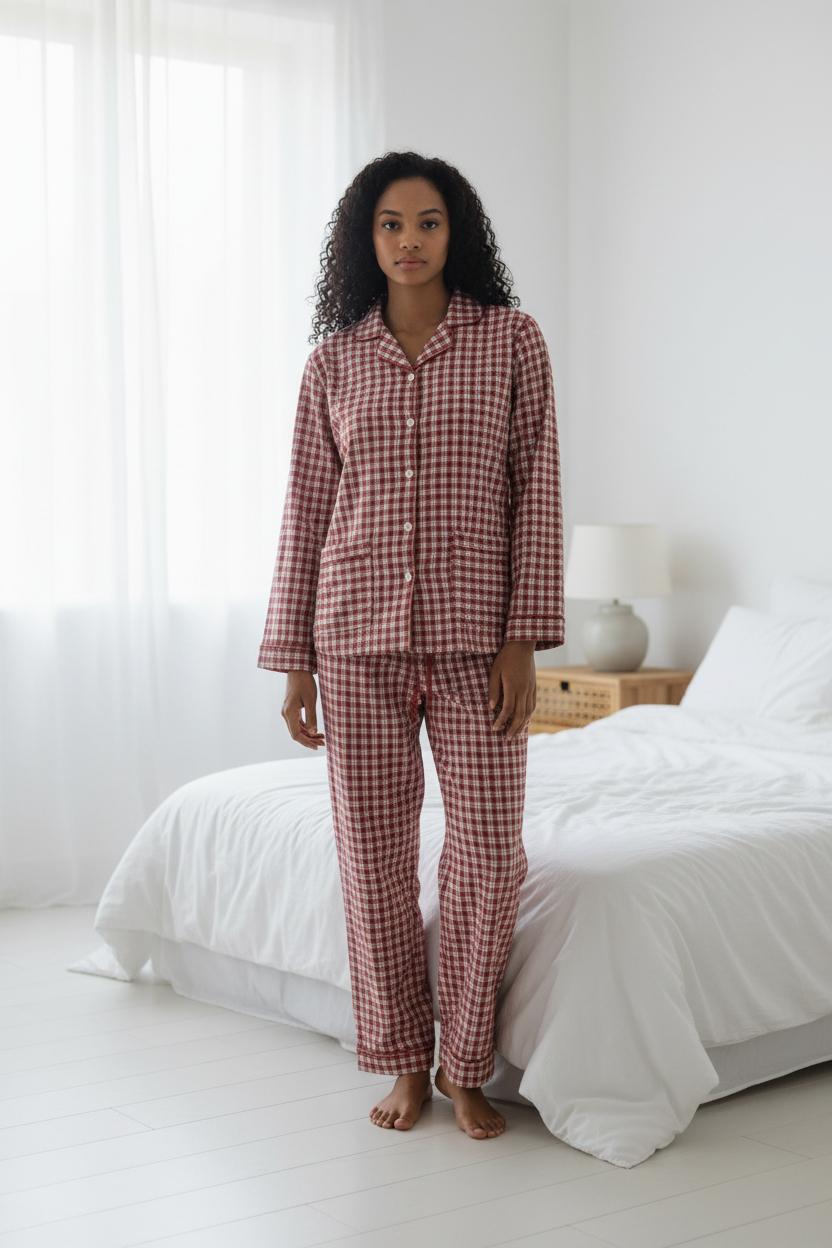 Pigiama donna lungo in flanella a quadretti bianco e rosso LUCY DF2 803 GOLD 