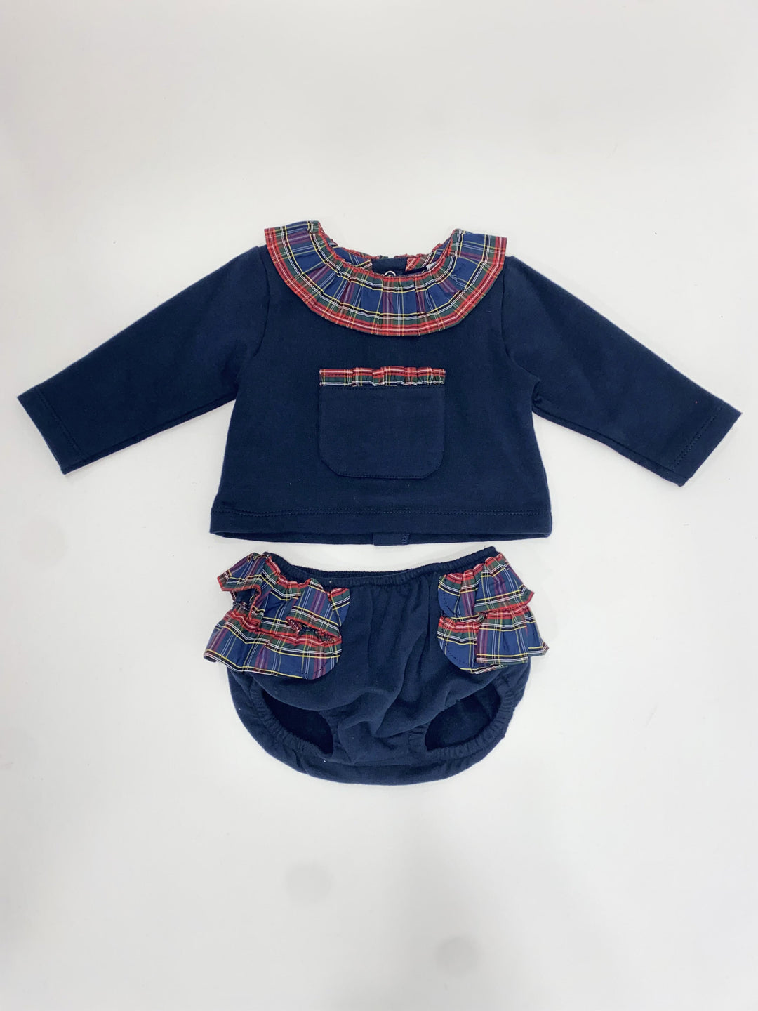 Completo in cotone felpato con balze e dettagli tartan 41490 BL BABIDU 