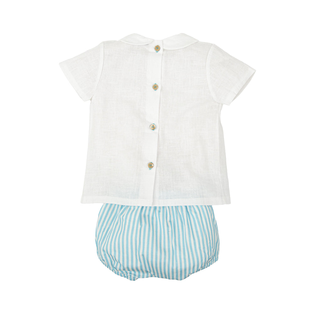 Completo bianco con ricamo smock e righe azzurre 42421 BV BABIDU 