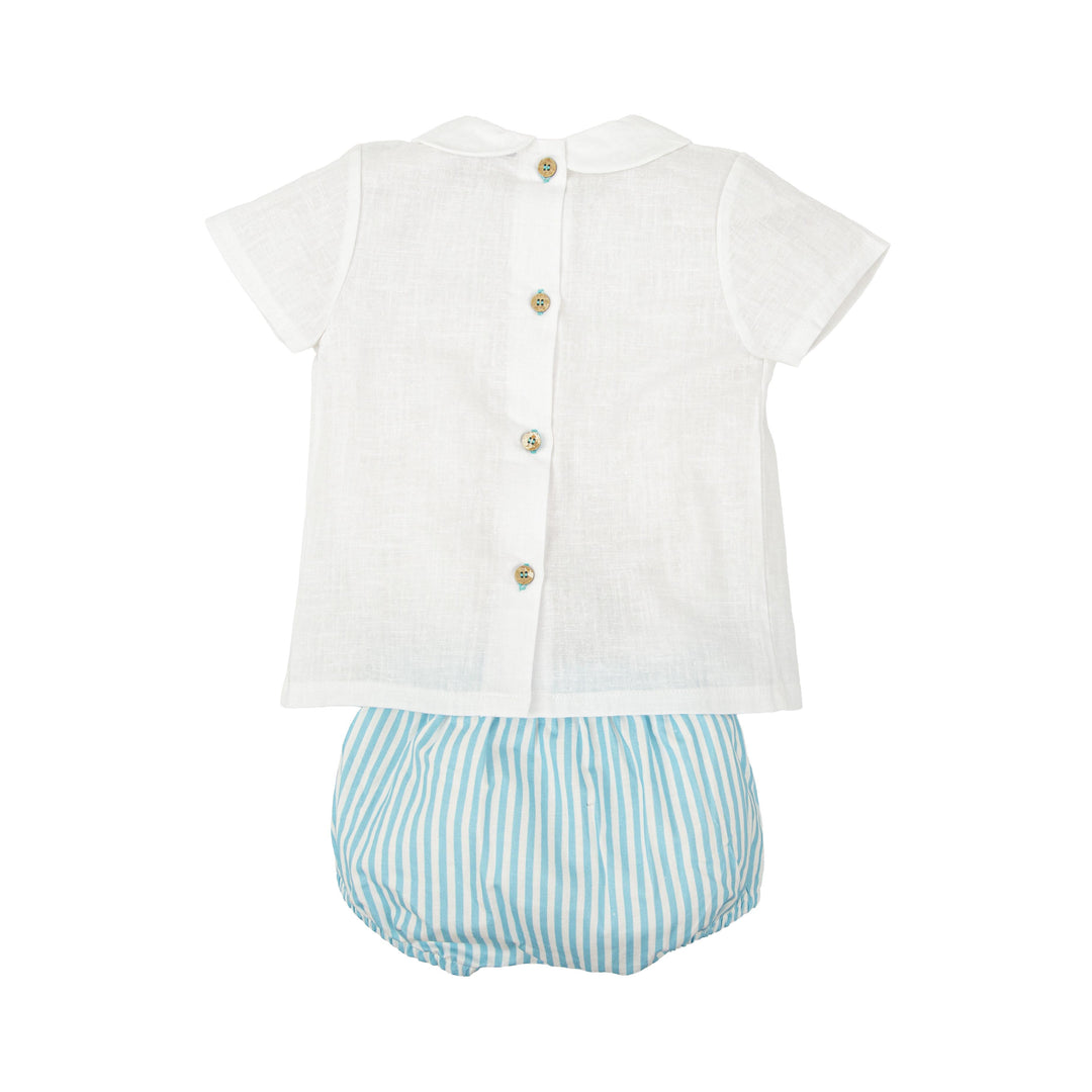 Completo bianco con ricamo smock e righe azzurre 42421 BV BABIDU 