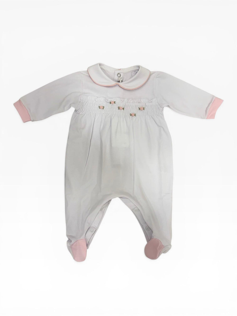 Tutina in cotone ricamata a mano con dettagli rosa TU8750 BR Teto e Tatta 