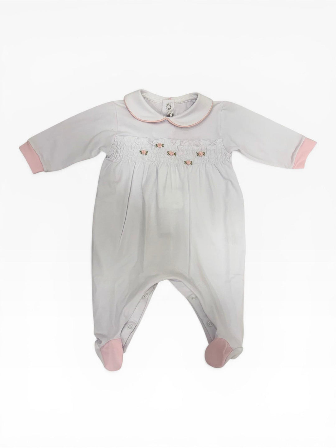 Tutina in cotone ricamata a mano con dettagli rosa TU8750 BR Teto e Tatta 