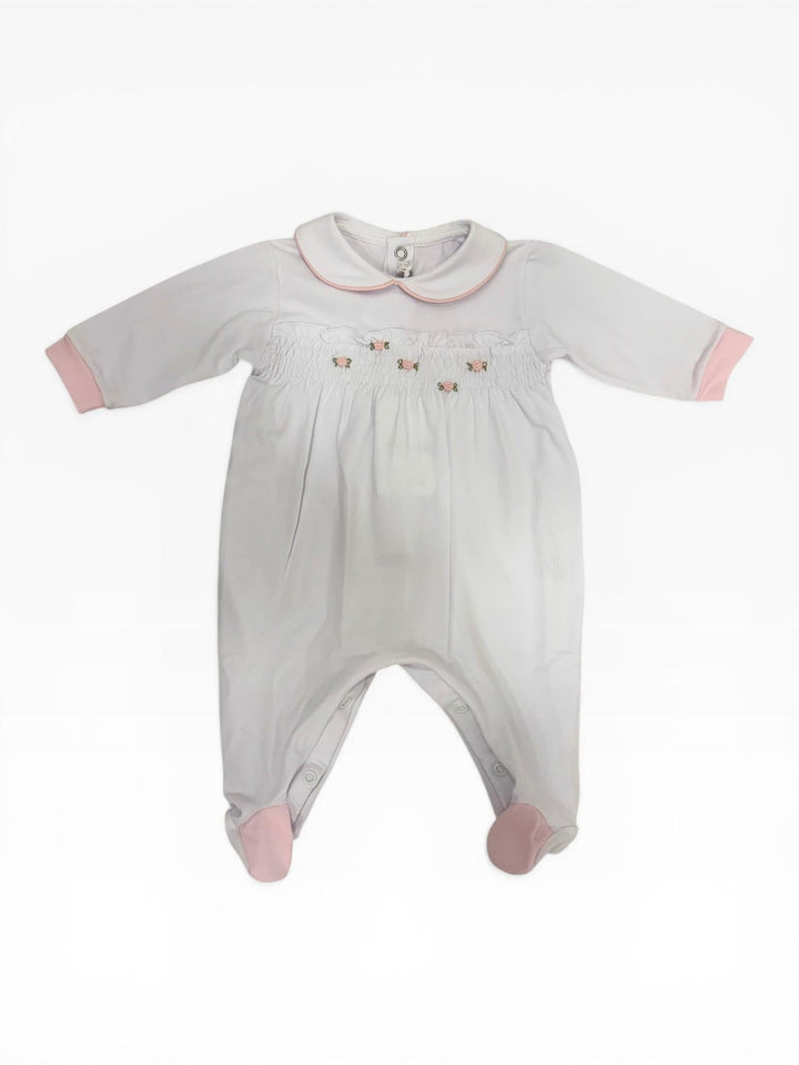 Tutina in cotone ricamata a mano con dettagli rosa TU8750 BR Teto e Tatta 