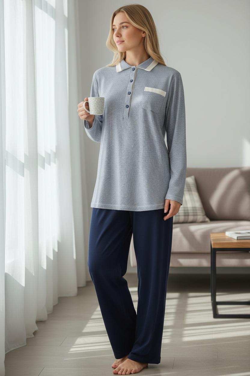 Pigiama donna in caldo cotone a micro-galles con collo a polo 122843/50 BB Sisters 