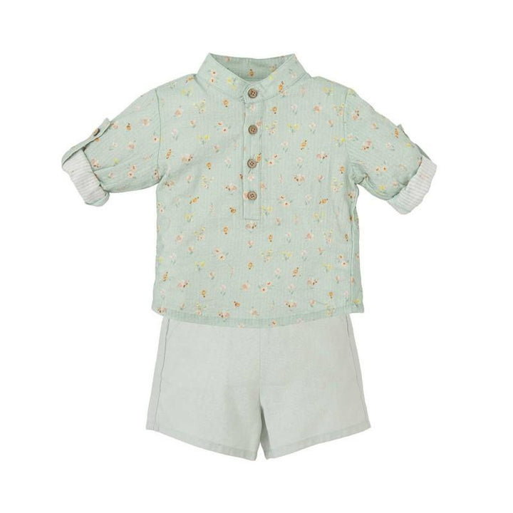 Completo bambino con camicia microfantasia con scollo alla coreana e pantaloncini 42474 VE BABIDU 