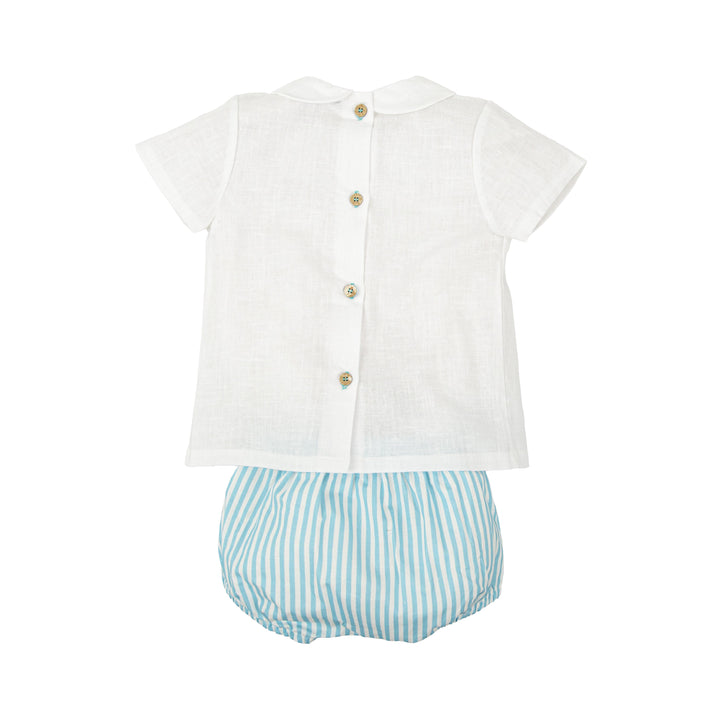 Completo bianco con ricamo smock e righe azzurre 42421 BV BABIDU 