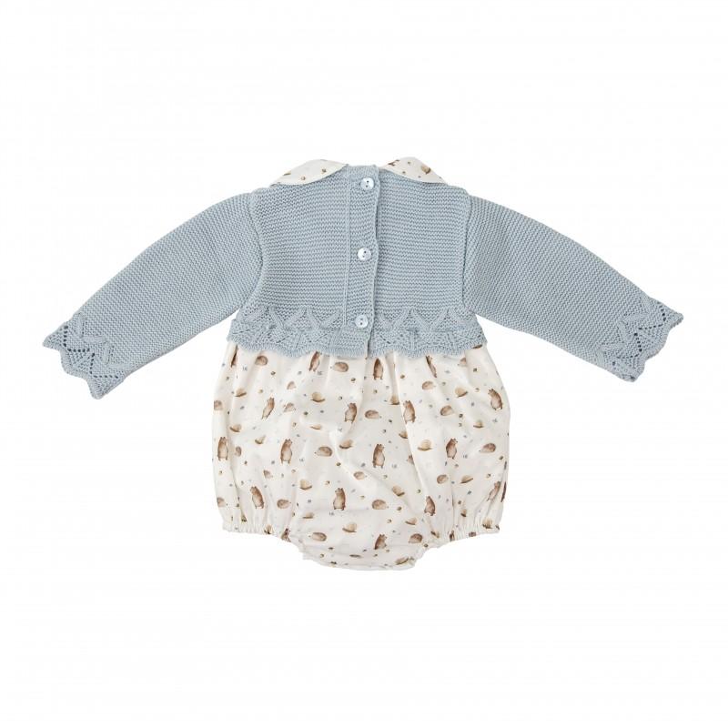 Pagliaccetto in maglia e tessuto a fantasia con cuffietta 30802 CE BABIDU 