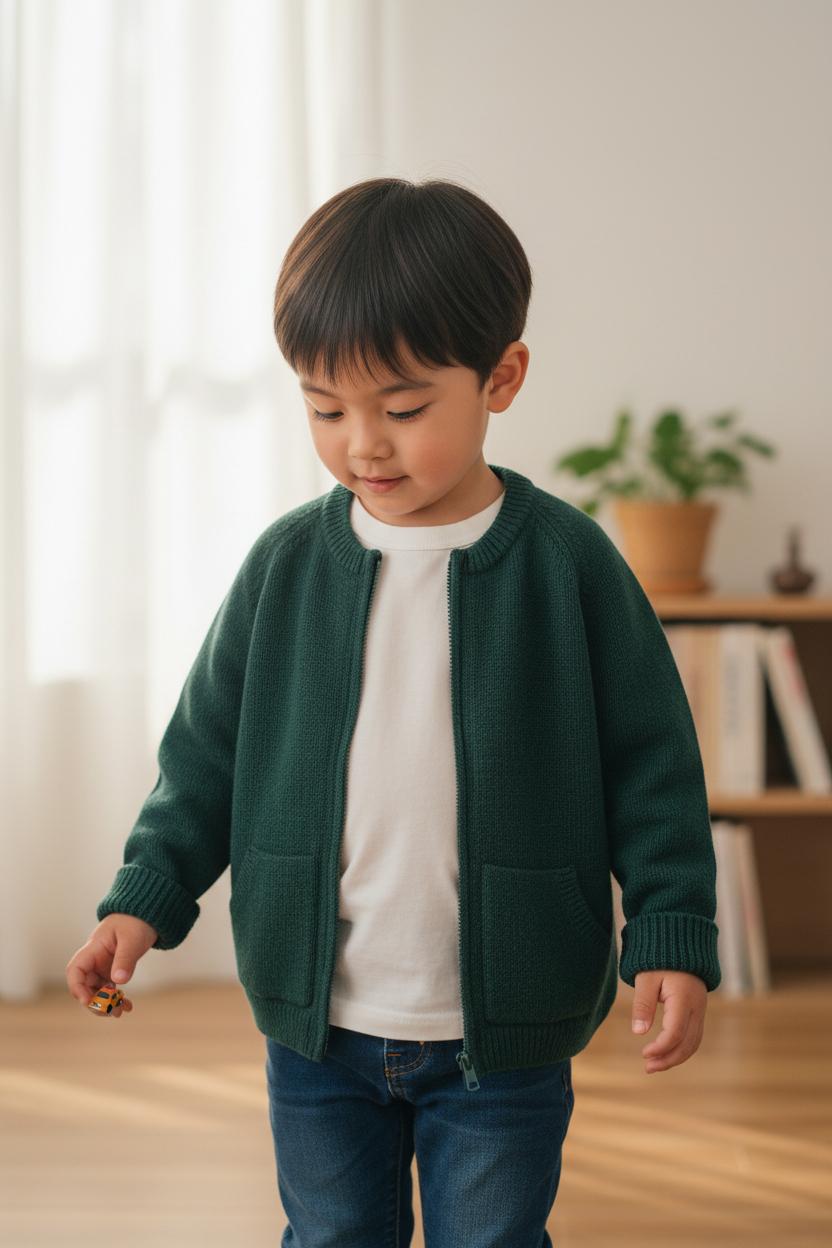 Cardigan in lana con zip verde bosco bambino LN62641 VE LA NUIT 