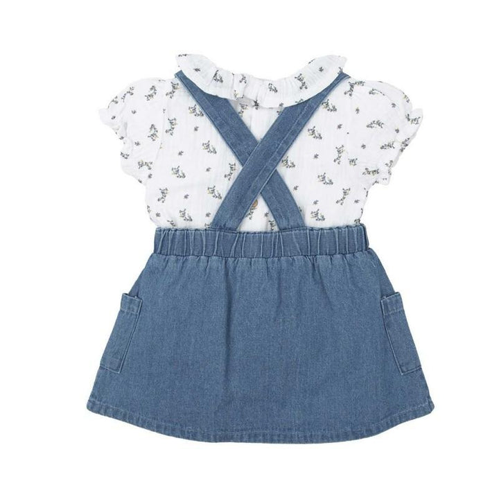 Completo bambina, con salopette in jeans con gonnellina e camicina a fantasia. <BR/> 42477 JE BABIDU 