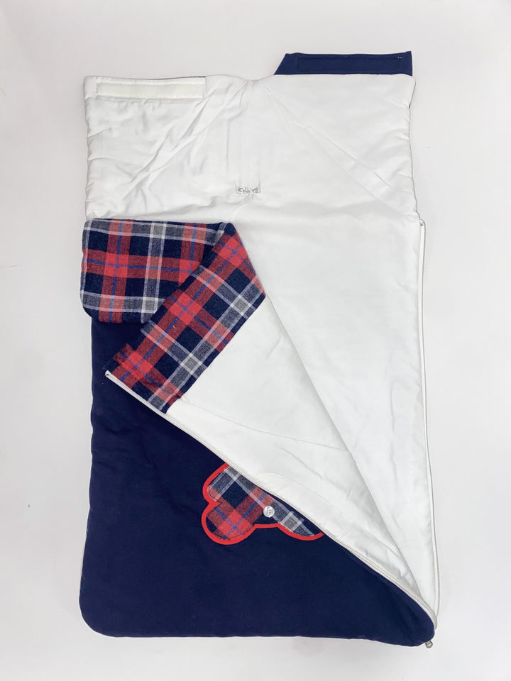 Sacco nanna imbottito blu navy con cappuccio e dettagli tartan 8555 BLR PERDIPIU 