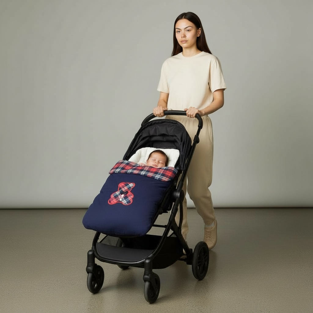 Sacco nanna imbottito blu navy con cappuccio e dettagli tartan 8555 BLR PERDIPIU 